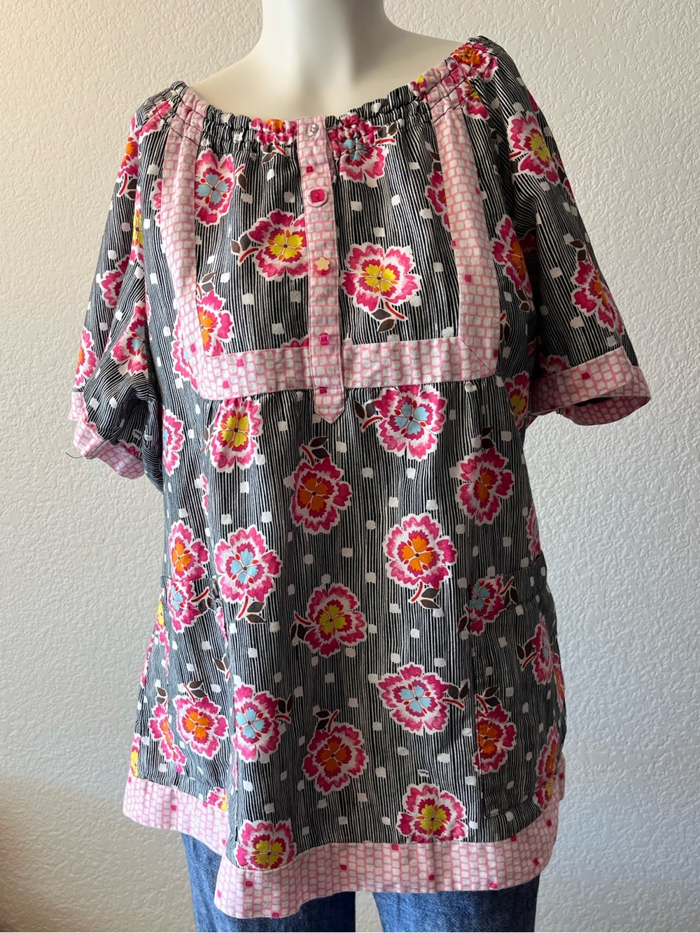 Vibrant Koi Pink Floral Peasant Top with Black Stripe Background (2XL)